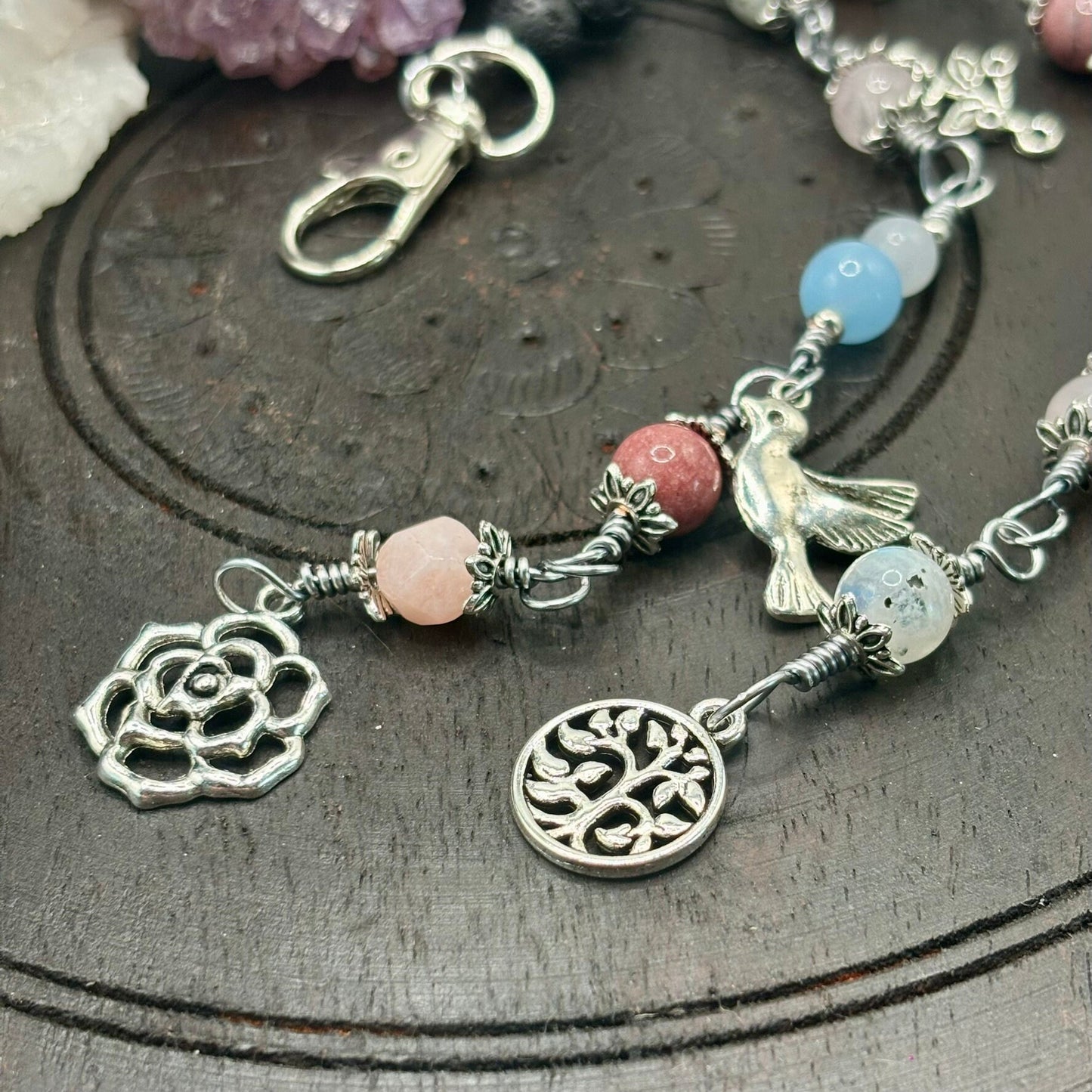 Aphrodite Mini Pagan Prayer Beads With Crystals and Charms on Clip for Devotion or Meditation, Gemstone Beads on Copper Wire for the Goddess