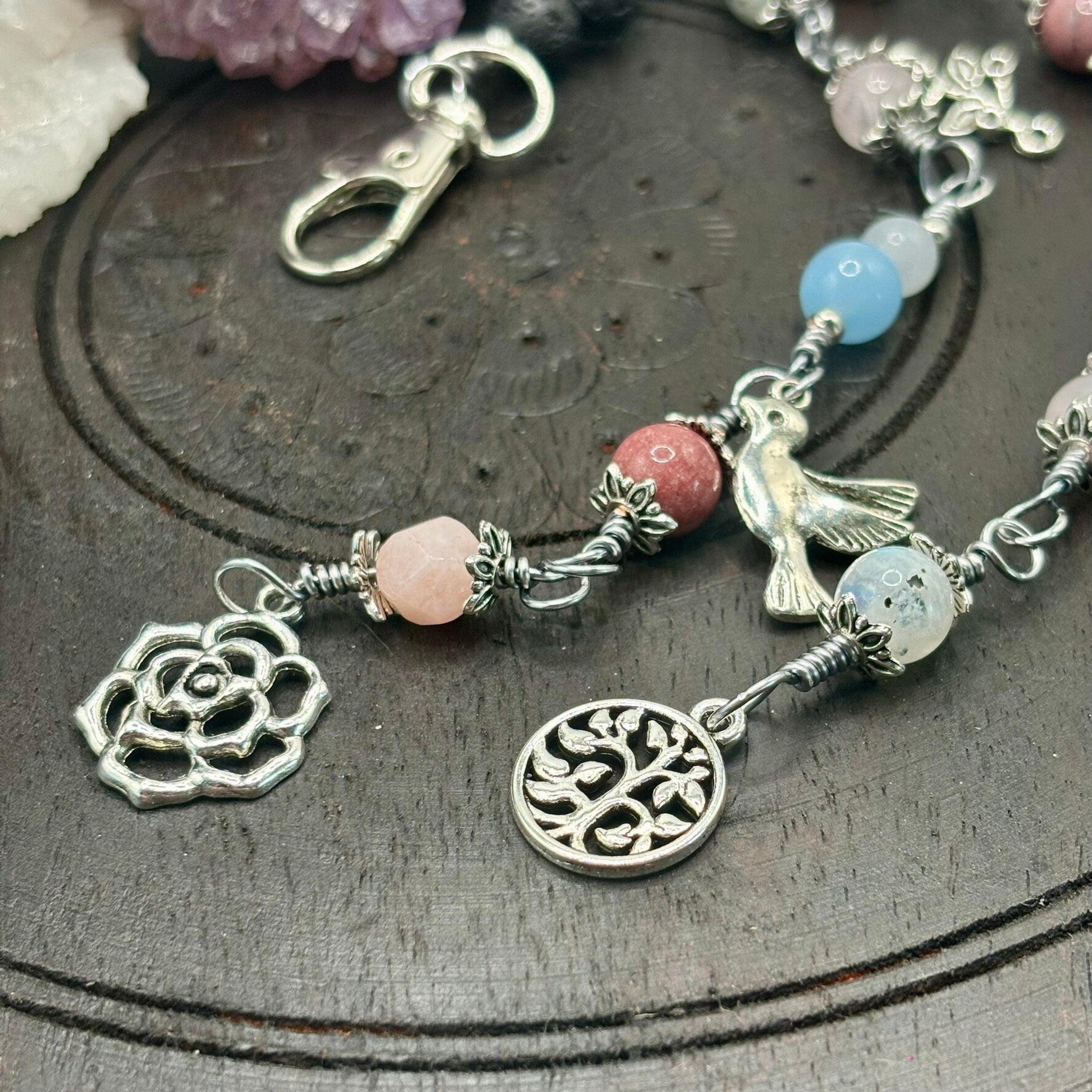 Aphrodite Mini Pagan Prayer Beads With Crystals and Charms on Clip for Devotion or Meditation, Gemstone Beads on Copper Wire for the Goddess