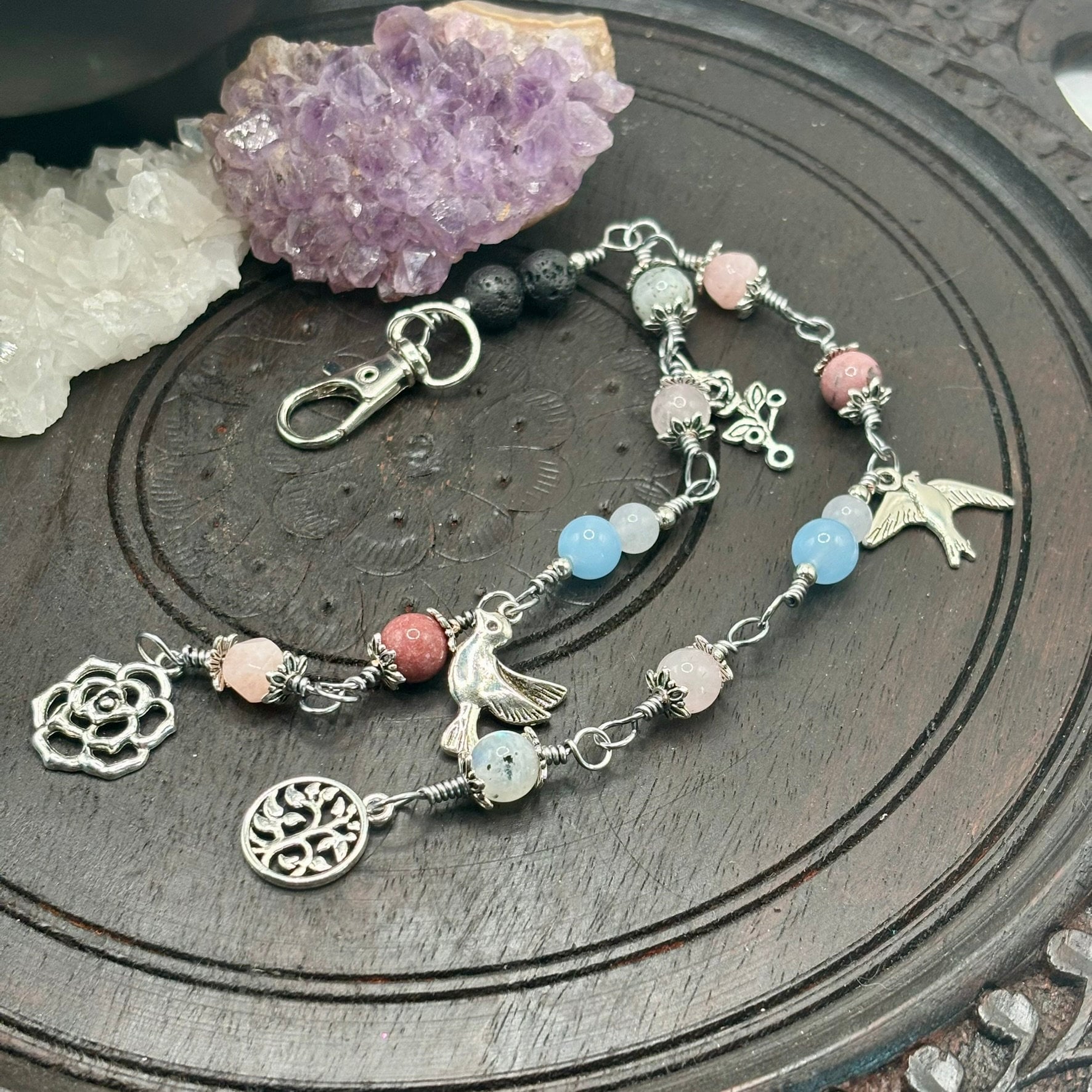 Aphrodite Mini Pagan Prayer Beads With Crystals and Charms on Clip for Devotion or Meditation, Gemstone Beads on Copper Wire for the Goddess