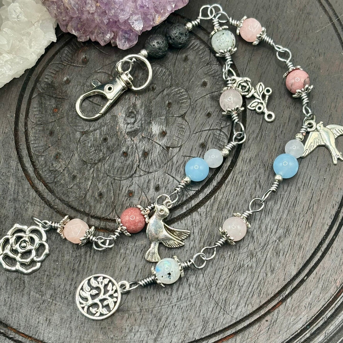 Aphrodite Mini Pagan Prayer Beads With Crystals and Charms on Clip for Devotion or Meditation, Gemstone Beads on Copper Wire for the Goddess