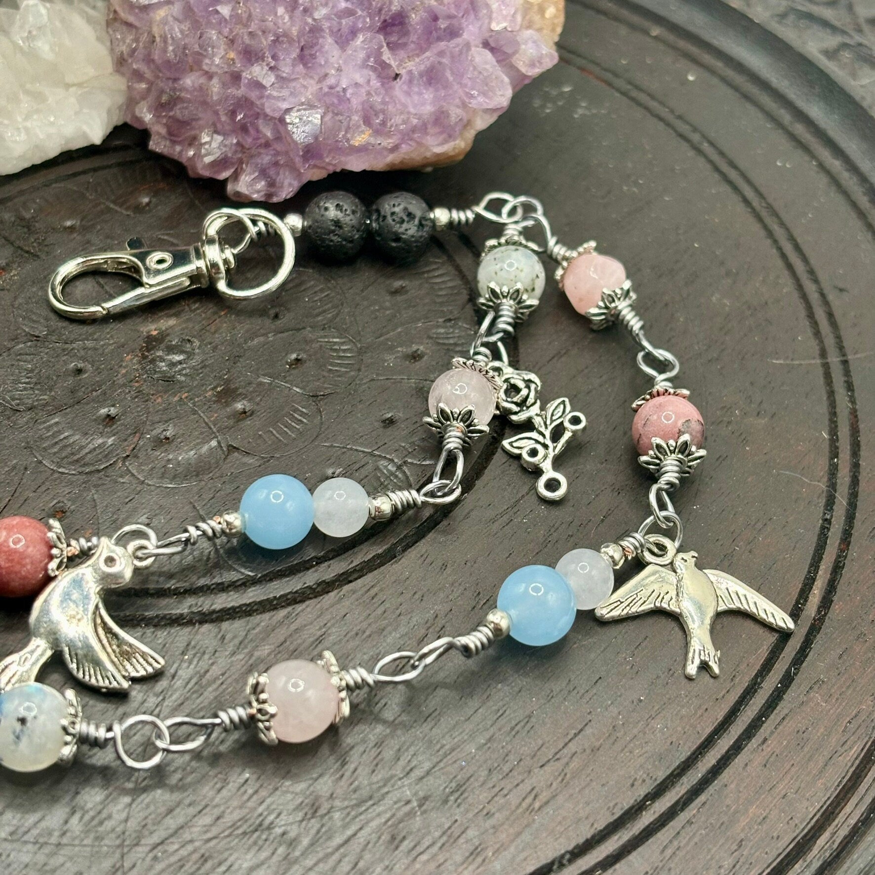 Aphrodite Mini Pagan Prayer Beads With Crystals and Charms on Clip for Devotion or Meditation, Gemstone Beads on Copper Wire for the Goddess