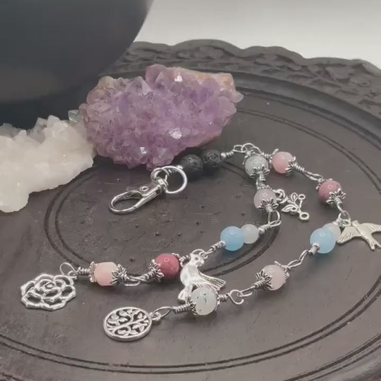 Aphrodite Mini Pagan Prayer Beads With Crystals and Charms on Clip for Devotion or Meditation, Gemstone Beads on Copper Wire for the Goddess