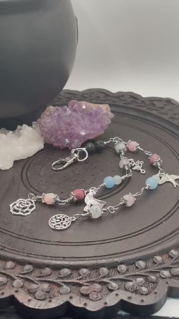 Aphrodite Mini Pagan Prayer Beads With Crystals and Charms on Clip for Devotion or Meditation, Gemstone Beads on Copper Wire for the Goddess